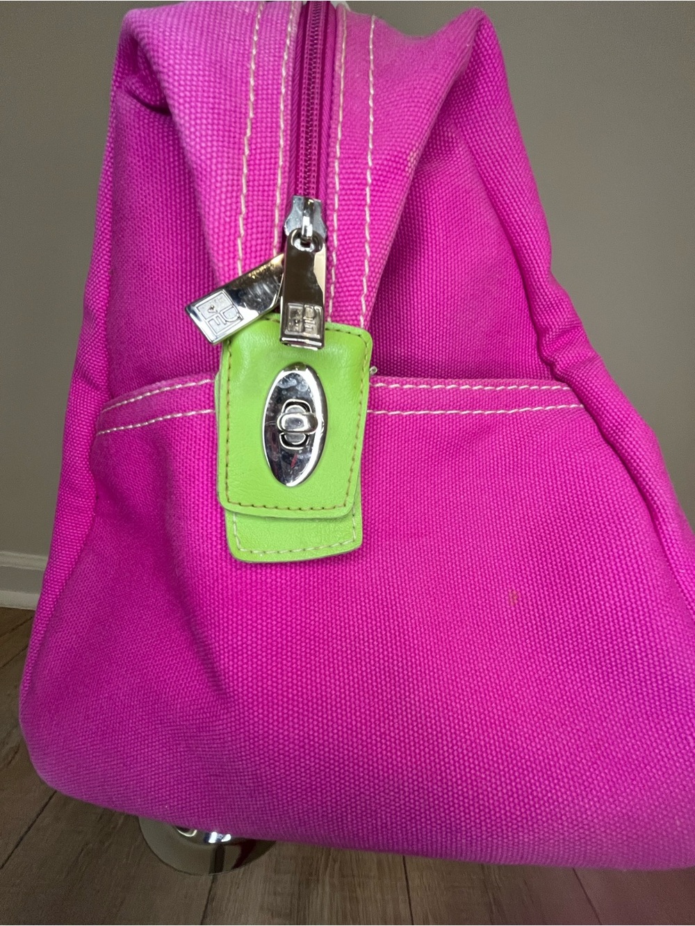 DVF Diane von Furstenberg Pink Lime Green Canvas Weekender Travel Duffel Bag - Picture 3 of 11